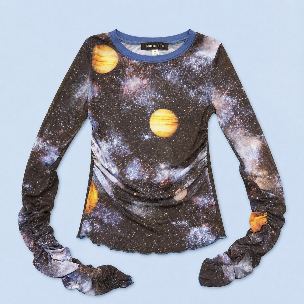 Urban Outfitters Galaxy Mesh Top Small Celestial Planet‎ Ruched Long Sleeve Blue